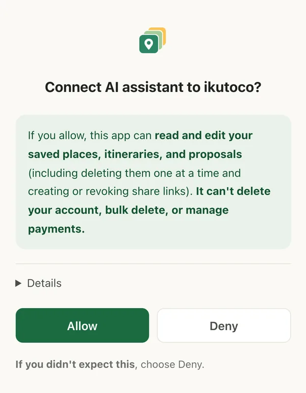 The ikutoco permission screen. Under “Connect AI assistant to ikutoco?”, it explains that the app will be able to read and edit your saved places, itineraries, and proposals, but can't delete your account, bulk delete, or handle payments. Allow and Deny buttons follow