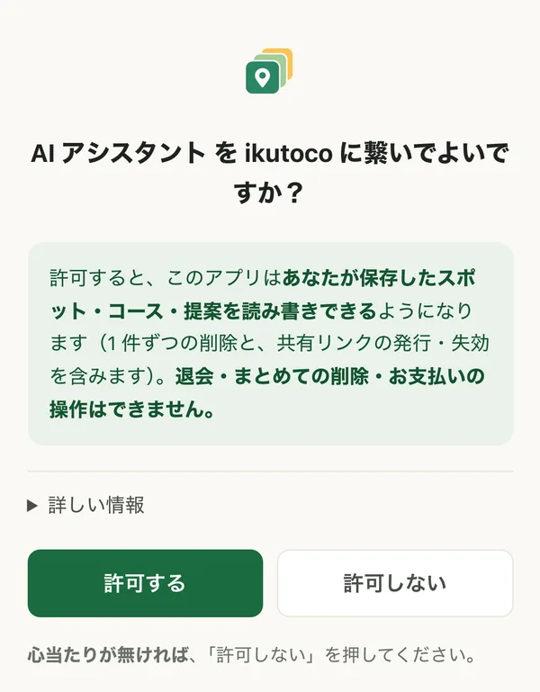 ikutoco の許可の画面。「AI アシスタント を ikutoco に繋いでよいですか?」の下に、保存したスポット・コース・提案を読み書きできるようになること、退会・まとめての削除・お支払いの操作はできないことが書かれ、「許可する」「許可しない」のボタンが並んでいる