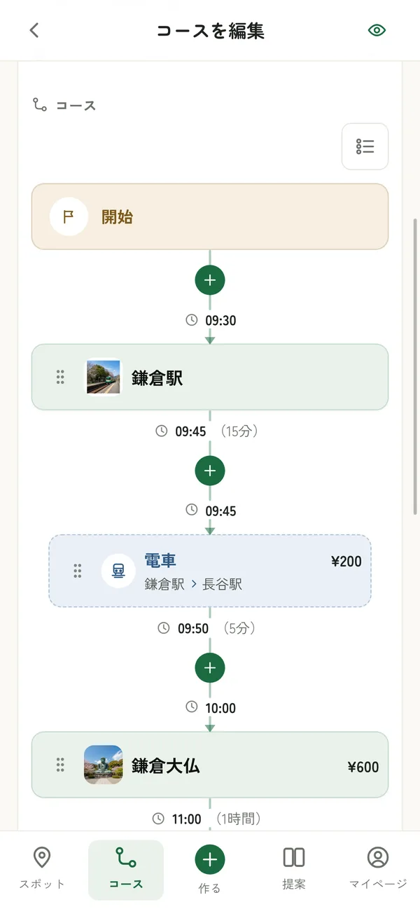 コース編集の画面。スポットと移動が時刻・所要時間・費用つきで 1 本の行程につながっている