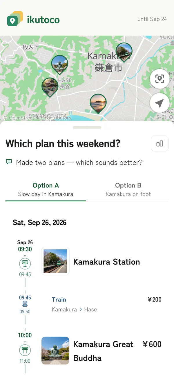 The shared page the other person sees, with a map and itineraries split into Option A and Option B tabs