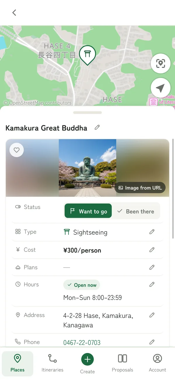 A saved place showing its photo, status, cost, hours, address, links, and tags on one screen