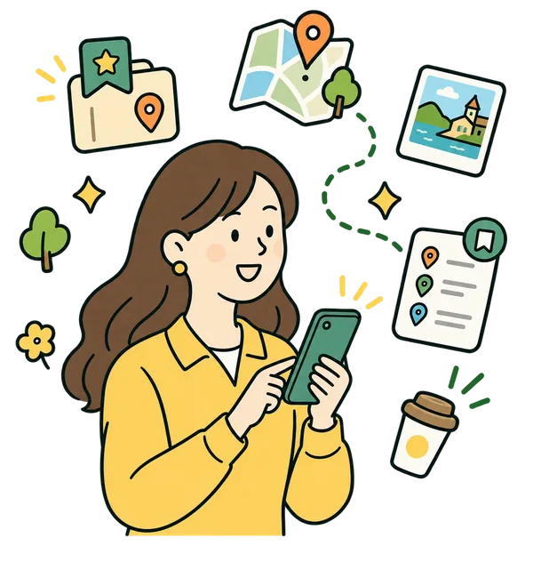 スマホで気になった場所を集めている人のイラスト