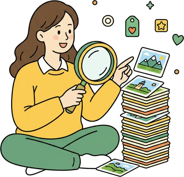 ためたスポットのカードを虫めがねとタグで探しているイラスト