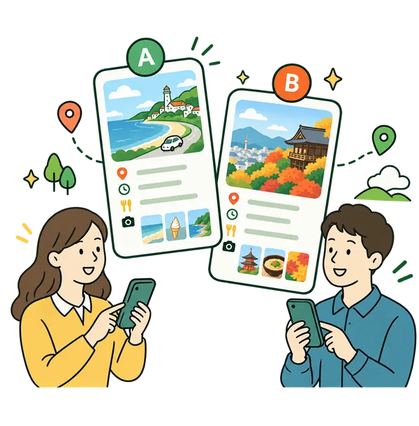 受け取った人と候補を見ながら行き先を決めているイラスト